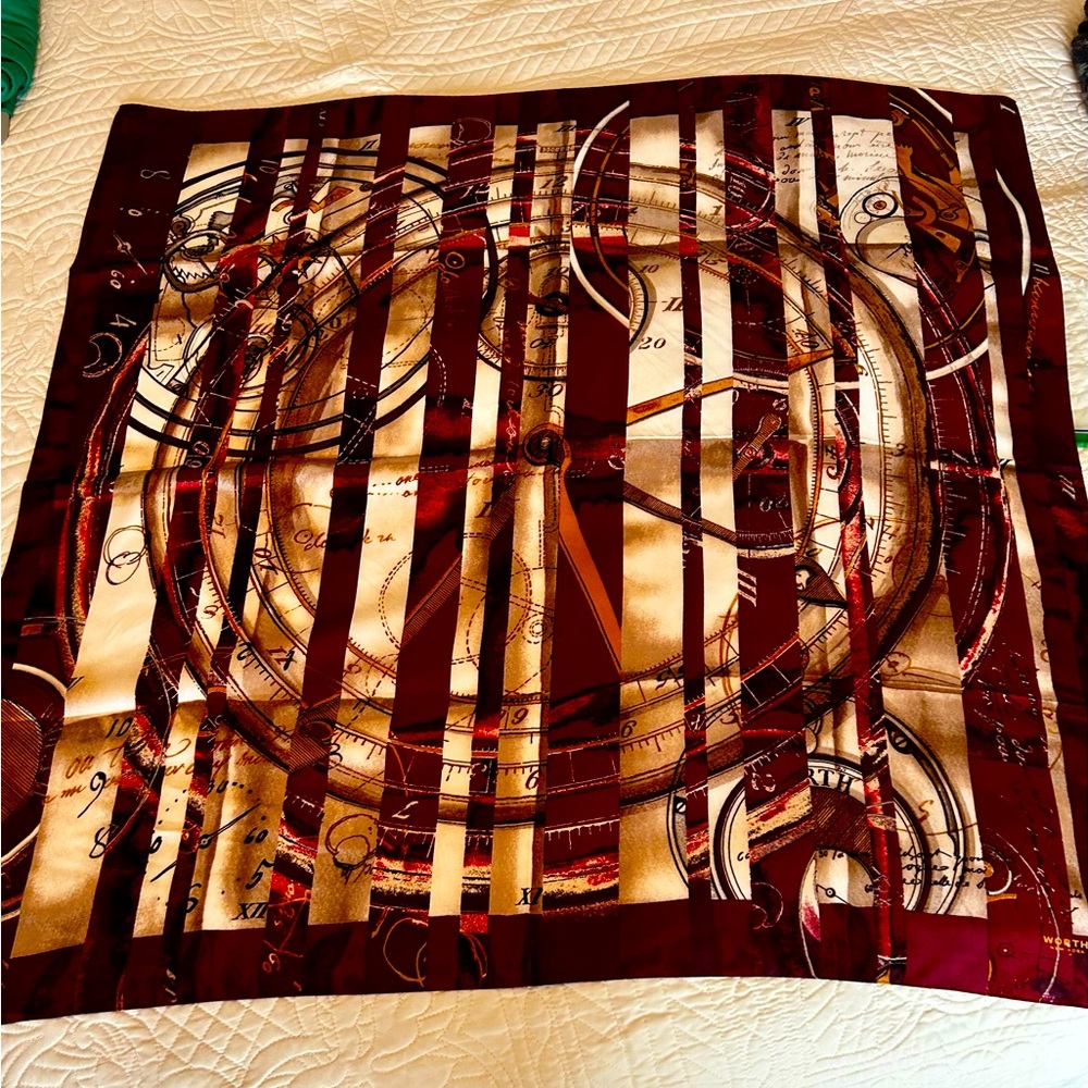 Gorgeous, rich burgundy colors, 50”sq, Worth New York silk scarf